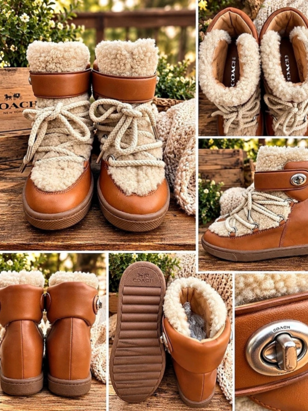 COACH Leighton Shearling Bootie Brown & Cream